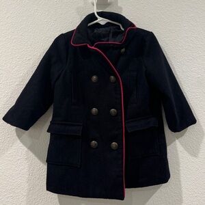 Baby Gap Wool Blend Black Red Piping Double Breasted Buttoned Pea Coat 18-24 M
